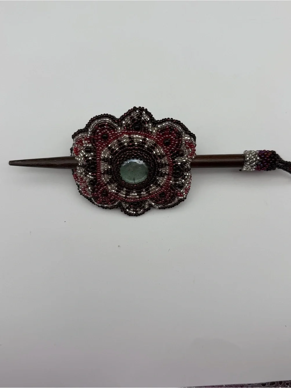 Native American Hand Beaded Barrette/Ponytail Holder With Wood Pin &Leather Back